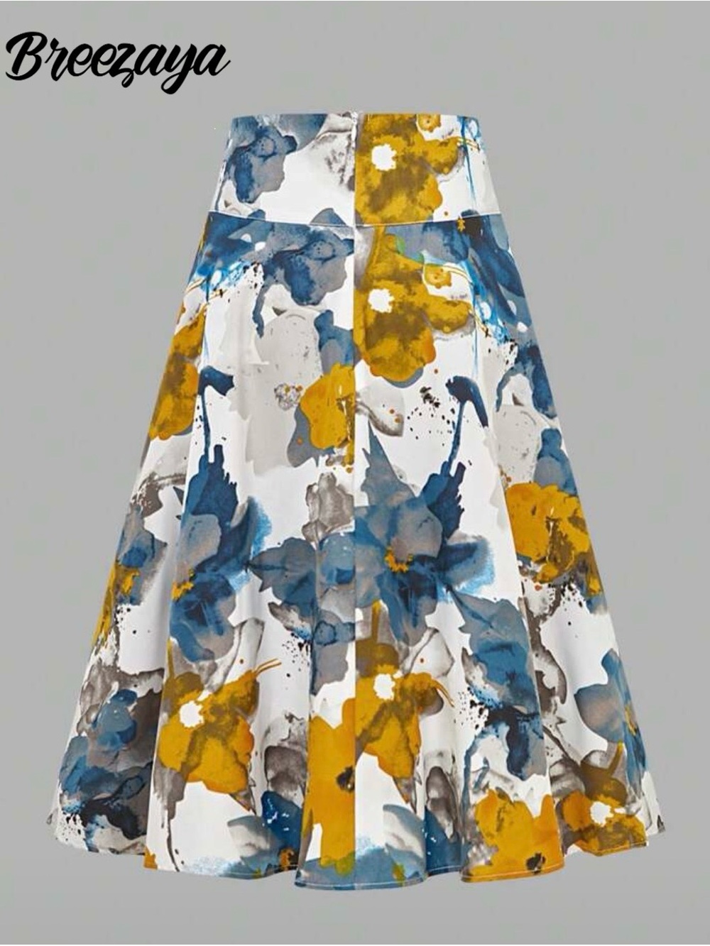 SHEIN White Midi Skirt with Blue & Mustard Floral Print - Picture 2 of 4